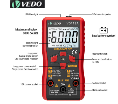 Multímetro Digital Profissional, Alcance Automático, Rápido Medir com precisão, Medidor de Tensão ao Vivo, AC, DC, Ohm, Hz, NCV